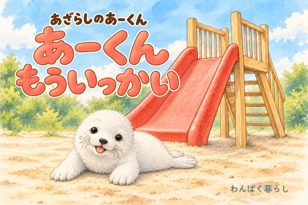 赤い滑り台の前で笑う白いあざらしが描かれた『あーくん もういっかい』の表紙