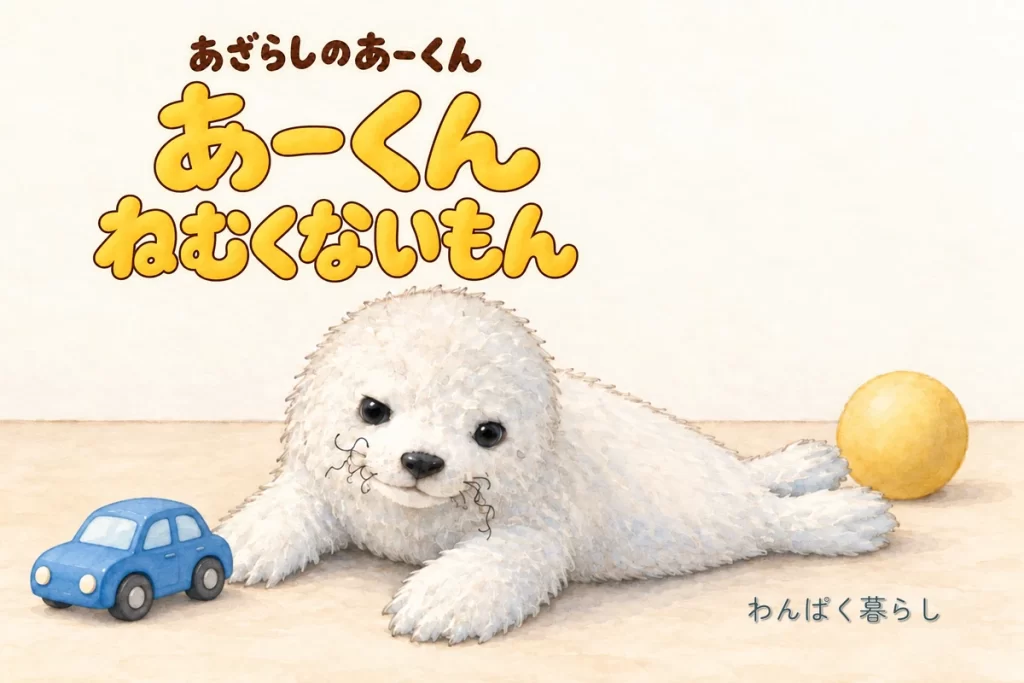 黄色いタイトルと、ミニカーで遊ぶ白いあざらしが描かれた『あーくん ねむくないもん』の表紙